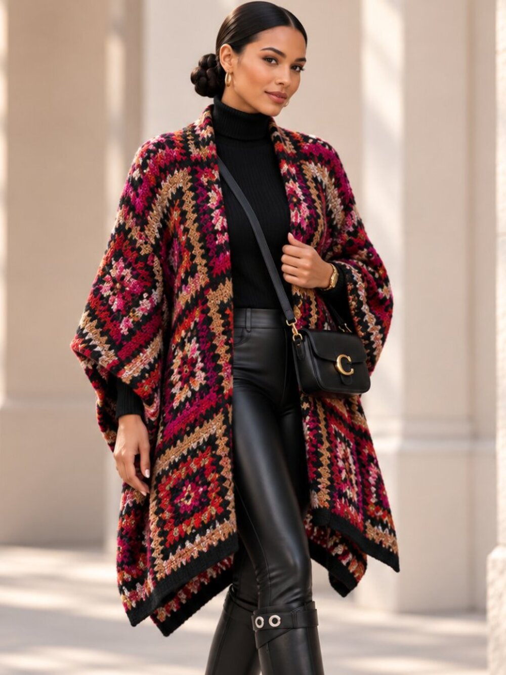 Cocogio Italy Alpaca Wool Blend Geometric Boho Poncho Cape Red Pink OS